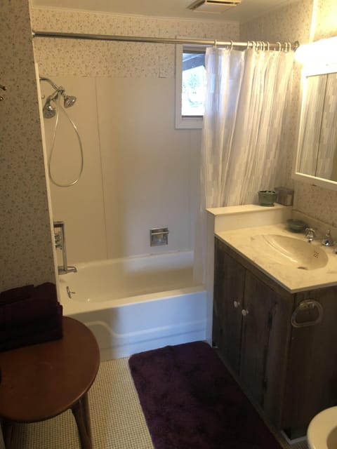 Combined shower/tub, hair dryer, towels, soap