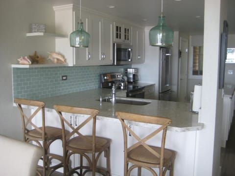 Counter area for casual eating. All new stainless appliances in kitchen
