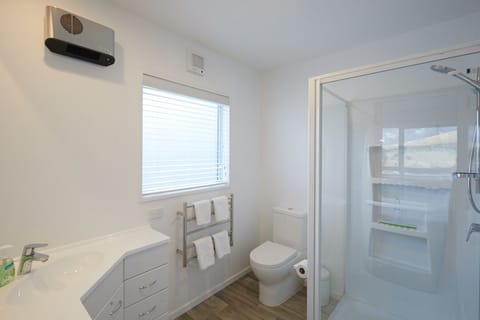 Combined shower/tub, hair dryer, towels, soap