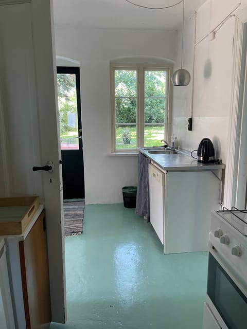 kitchen with gasstove, dishwasher and door towards garden and terrasse