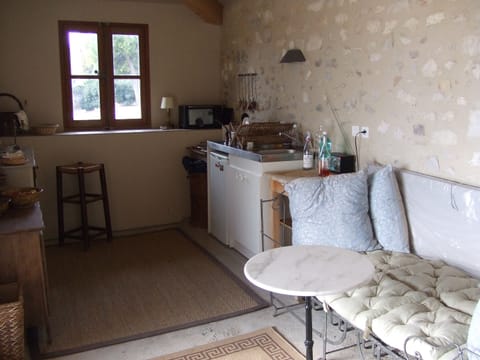  summer kitchen with fridge,sink,range and a daybed looking onto the terrace