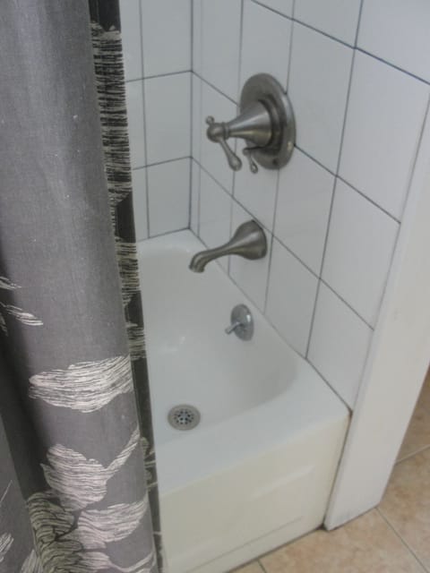 Combined shower/tub, hair dryer, towels, soap