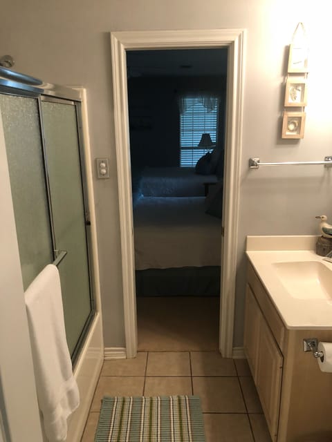 Combined shower/tub, hair dryer, towels, toilet paper