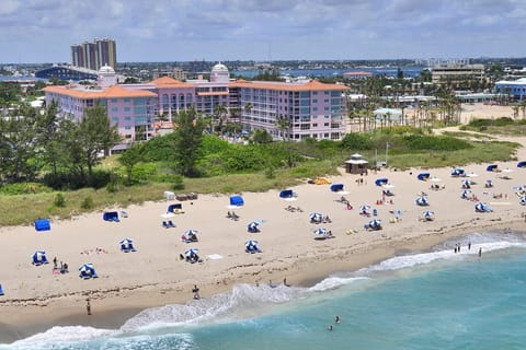 On the beach, sun loungers, beach towels