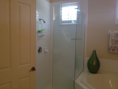 Combined shower/tub, hair dryer, towels, toilet paper