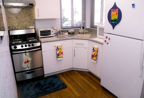 Kitchen with 4 burner gas stove, oven, toaster oven, microwave, toaster, fridge