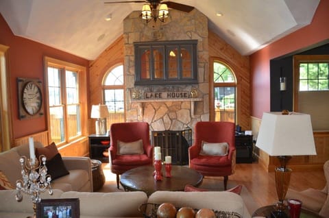 Family room with wood burning fireplace