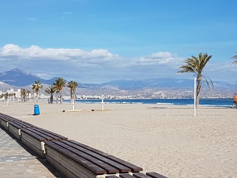 On the beach, sun loungers, beach towels