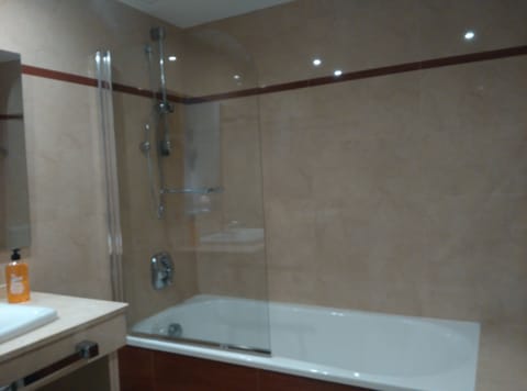 Combined shower/tub, hair dryer, bidet, towels