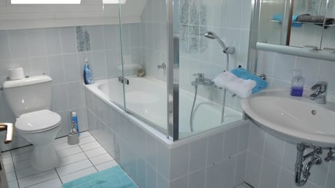 Combined shower/tub, hair dryer, towels, soap