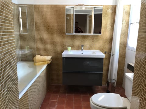 Combined shower/tub, hair dryer, towels, soap