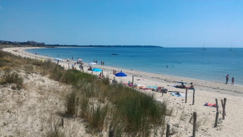 On the beach, sun loungers