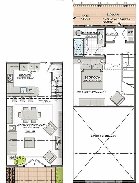 Floor plan for loft, one bedroom, 1.5 bath, full kitchen, private entrance