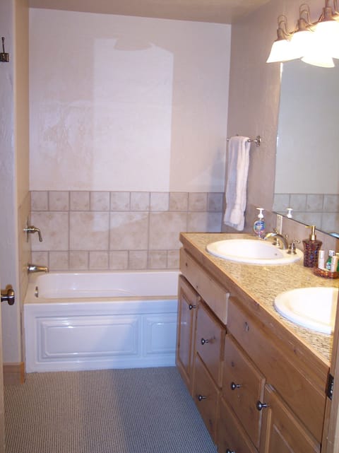 Combined shower/tub, jetted tub, hair dryer, towels