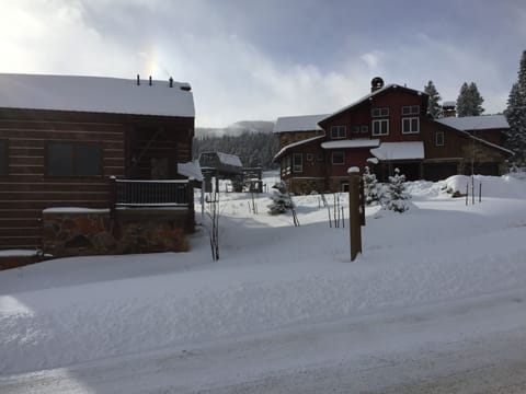 200 steps in ski boots from front door to base Lumberjack lift (center photo).