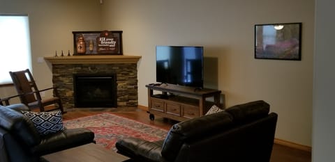 Smart TV, fireplace, DVD player, books