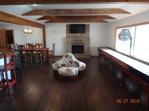 TV, fireplace, books