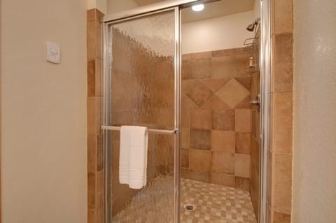 Combined shower/tub, hair dryer, towels, soap