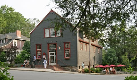 Front of building, apt is upstairs at rear dormers on right