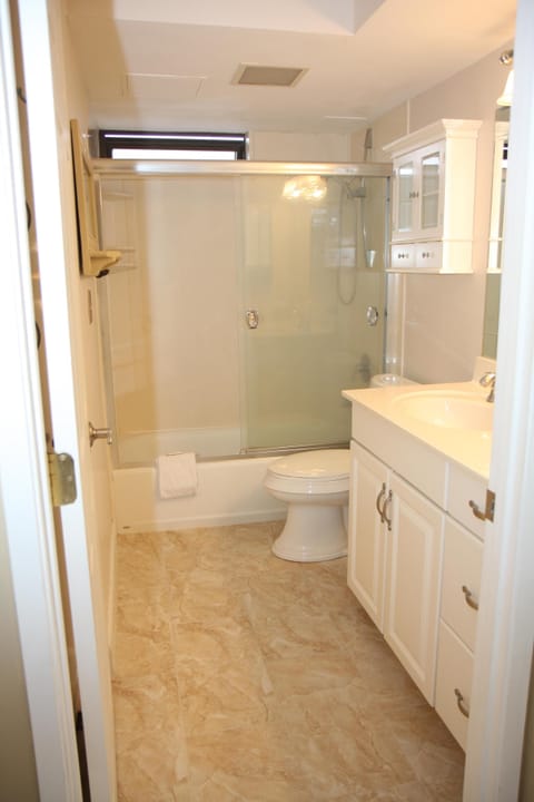 Combined shower/tub, hair dryer, towels, soap