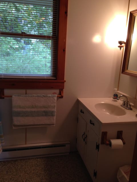 Combined shower/tub, hair dryer, towels, soap