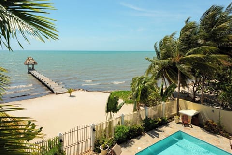 On the beach, sun loungers, beach towels