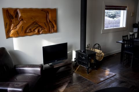 Smart TV, fireplace, books, stereo