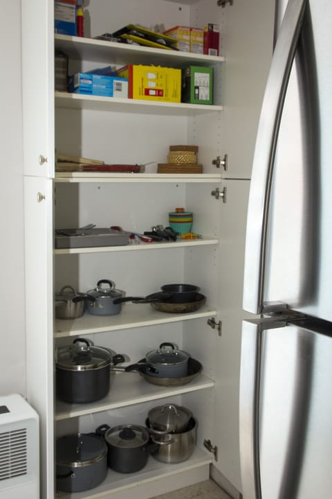 Fridge, microwave, cookware/dishes/utensils