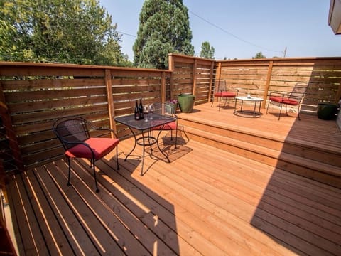 350 Square foot deck.  The Zimmer is located on the second level of a 1950s home