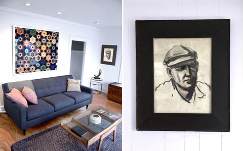Enjoy our living room surrounded by carefully curated artwork and collectibles.