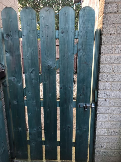 Green gate leading to fenced secure back garden 