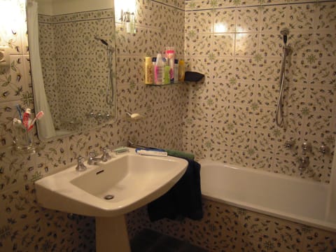 Combined shower/tub, hair dryer, towels, soap