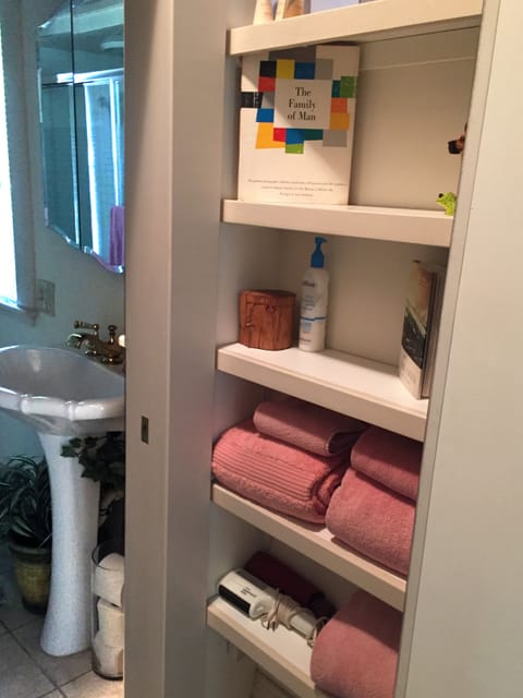 Combined shower/tub, hair dryer, bidet, towels