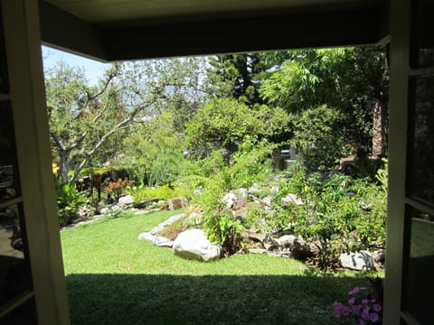 View from living room couch looking out french doors.