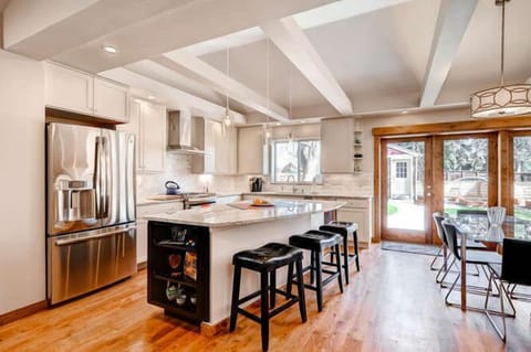 Kitchen island, doors to backyard