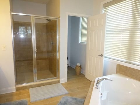 Combined shower/tub, hair dryer, towels