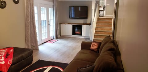 TV, fireplace, books