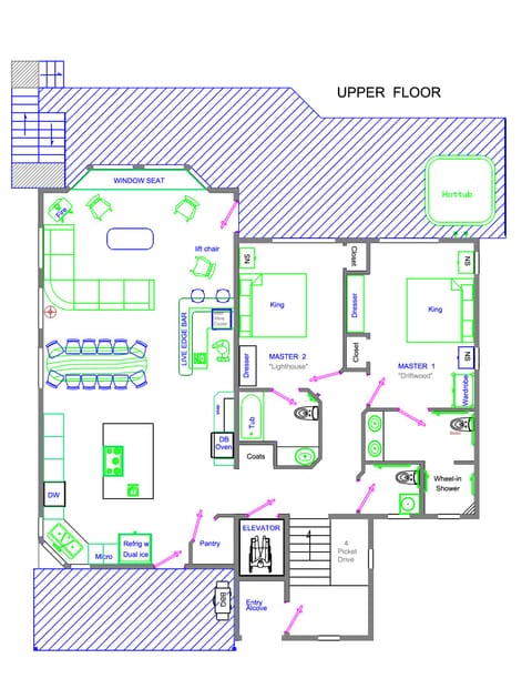 Upper Floor Plan showing great room, two masters and decks/hot tub.