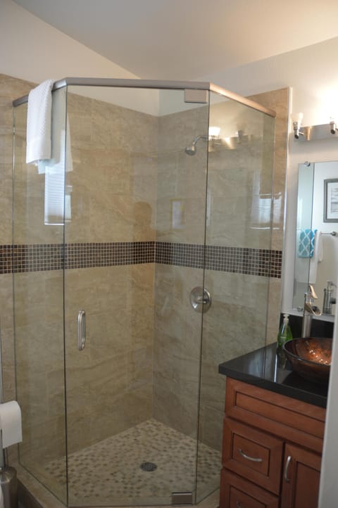 Combined shower/tub, hair dryer, towels, soap