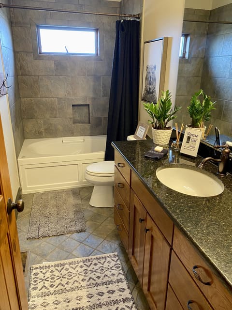 Combined shower/tub, jetted tub, hair dryer, towels