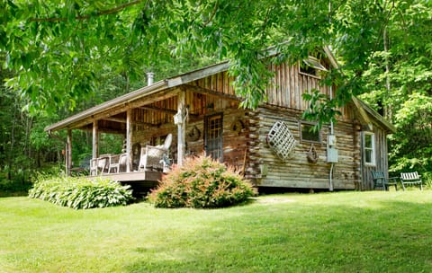 Exterior of log cabin in summer.