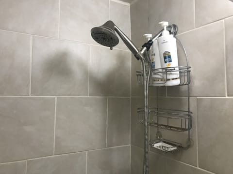 Combined shower/tub, hair dryer, towels, soap