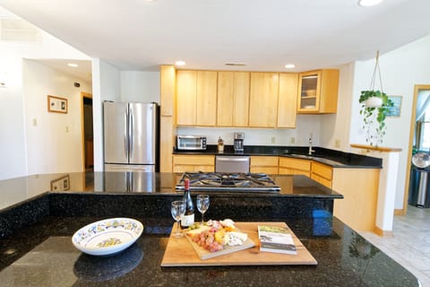 Fully stocked, open gourmet kitchen surrounded by walls of windows.