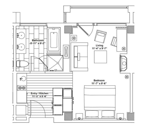 Floor plan. "Studio Plus"  Note:Private balcony has 2 chairs/end table not shown
