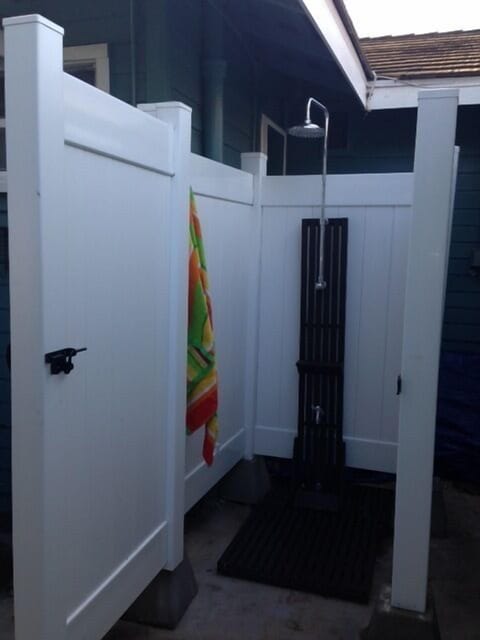 Outdoor hot shower...No sand in the house!