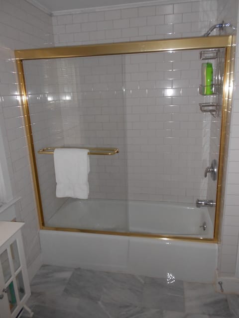 Combined shower/tub, hair dryer, towels