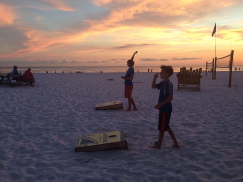 On the beach, sun loungers