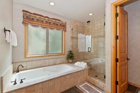 Shower, jetted tub, towels