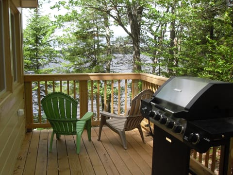 Grill on deck overlooking pond, with nice spot for coffee or cocktail