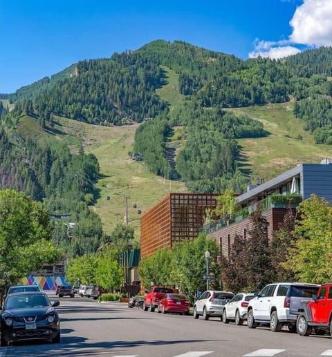View from condo complex parking lot of Aspen Mountain and the Aspen Art Museum